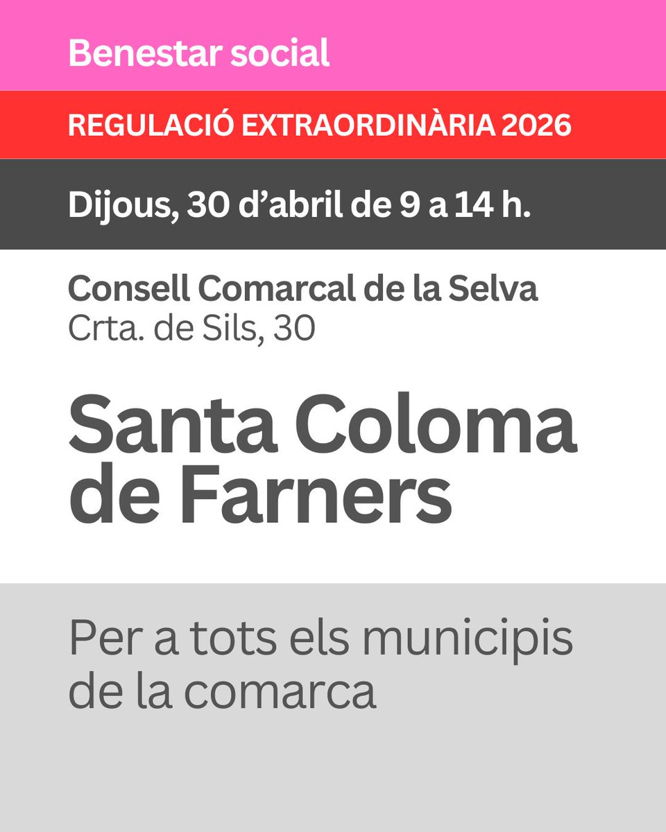 comarcaselva's tweet image. ⚠️ Recorda: 📅 El 30 d'abril l'atenció serà centralitzada a Santa Coloma de Farners per a tothom. 🏘️ Arbúcies, Sant Hilari i Vidreres gestionen calendaris propis.
Més info al Consell Comarcal! 🤝 #Regularitzacio2026 #LaSelva
