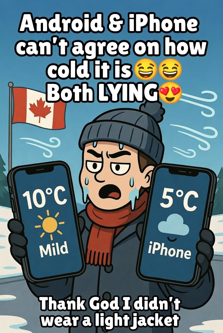 AdioOjoOla's tweet photo. Android and iPhone can't even agree on how cold it is 😂. Meanwhile I'm outside and both of them are LYING 🥶
Thank God I didn't choose light jacket, cos it's like winter is not done with us here!!
#WinnipegWeather #TooCold #WinterIsNotOver #AndroidVsIphone #PhoneWeatherFail #CanadianWinter #Manitoba #Winnipeg #StillWinter #Freezing #WinterStrikeBack #BundleUp #AprilSnow #PrairieWinter #ColdAF #WeatherLies