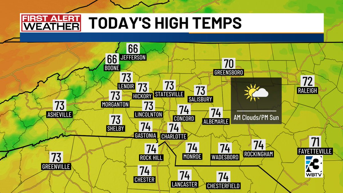 AlConklin's tweet image. First Alert: Morning clouds around the #CLT region will give way to more sunshine for the rest of the day. Breezy &amp;amp; coolish again today with highs in the 70s for most east of the mountains. #NCwx #SCwx #CLTwx