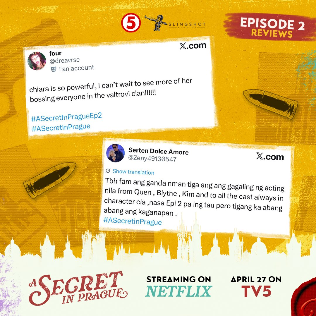 asecretinprague's tweet photo. "Pang-international. Bilisan sana ang pag-release ng episodes."

Pilot episode pa lang at talagang inuulan niyo kami ng pagmamahal. Ulit-ulitin natin dahil streaming ang #ASecretInPrague sa Netflix, at MAMAYA, 8PM, mapapanood na rin sa #TodoMaxPrimetime ng TV5! ❤️‍🔥 https://t.co/M7H2Fs7k3z
