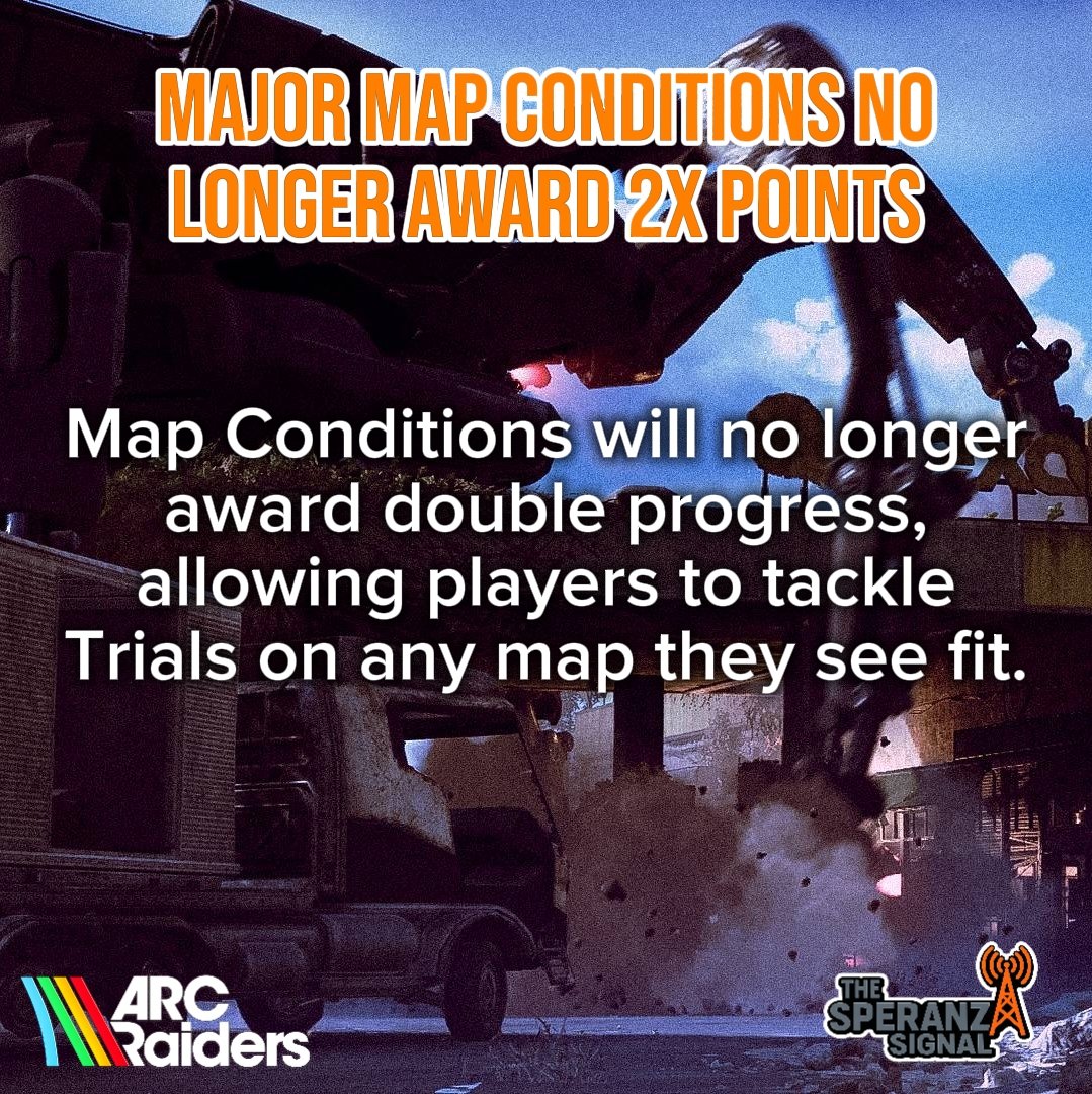 SperanzaSignal's tweet image. Incase you missed it over the weekend, they announced Season 4 will be starting on Wednesday and there will be changes:
No 2x map coming multiplier 
No map specific conditions 
New types of challenges
New rewards

#arcraiders
#trials
#RivenTides 
#hotshot
#cantina