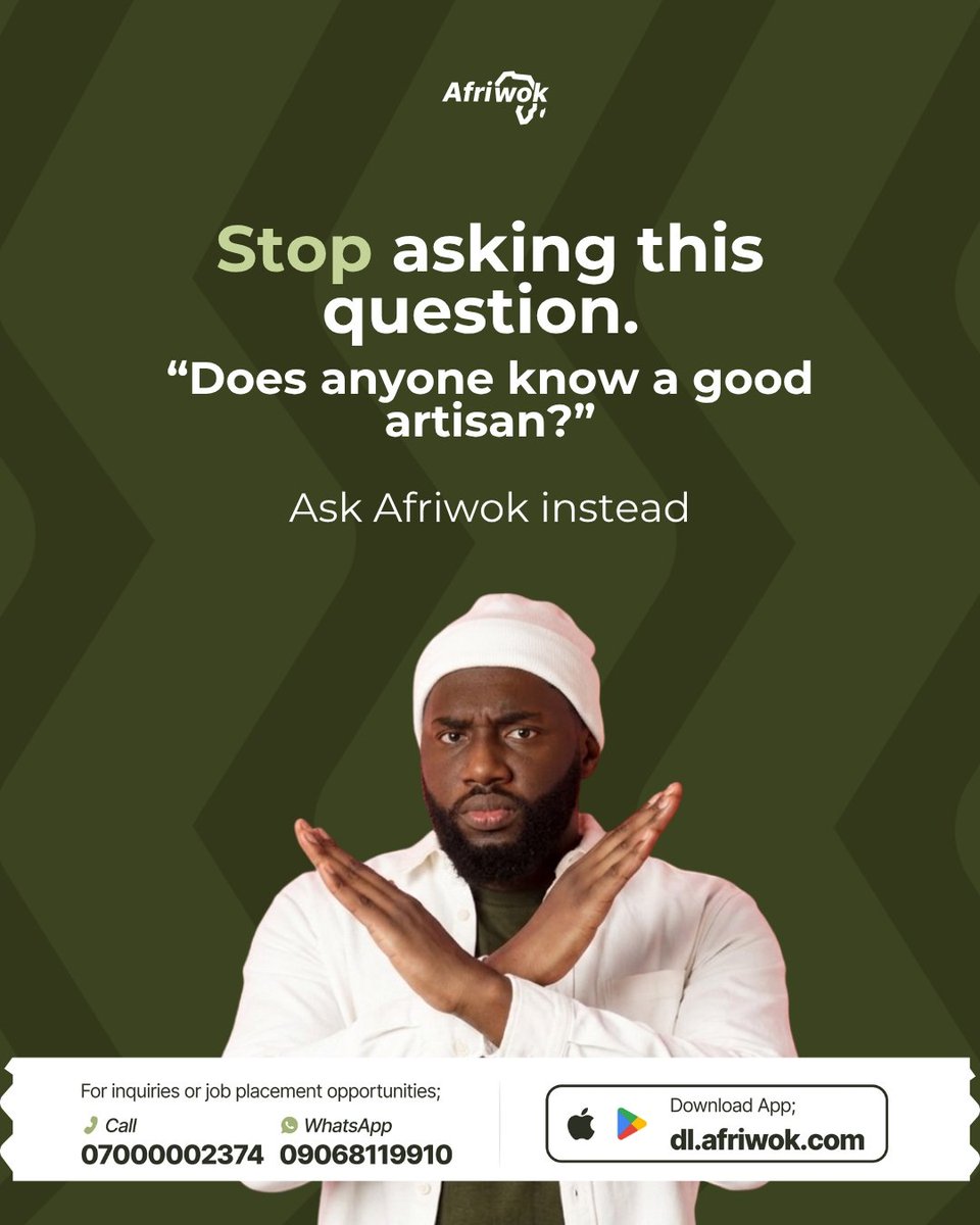 afriwok's tweet image. Some of us have asked this question before…
and still ended up disappointed 😩

“Does anyone know a good artisan?”

This new week, don’t ask again.
Ask Afriwok instead. 

No stress. Just trusted professionals.

Send us a message on WhatsApp: 09068119910

#Afriwok #NewWeek