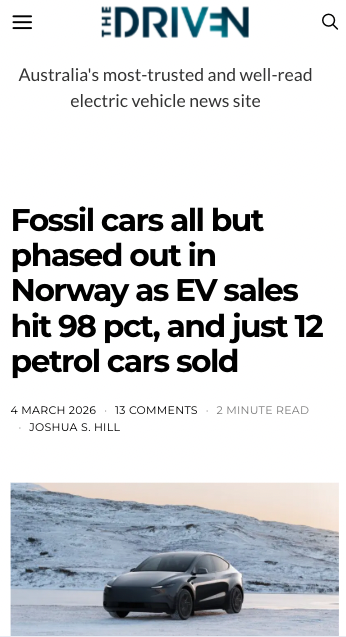 janrosenow's tweet photo. Norway sold 12 petrol cars in February 2026.

Out of 7,272 new passenger car registrations, 98% were fully electric. Just 67 diesel &amp; 12 petrol cars were registered.

More in my new Substack newsletter coming out every 7 days. Sign up here: https://t.co/In5lBaF2ox https://t.co/gxZ7iDI91P