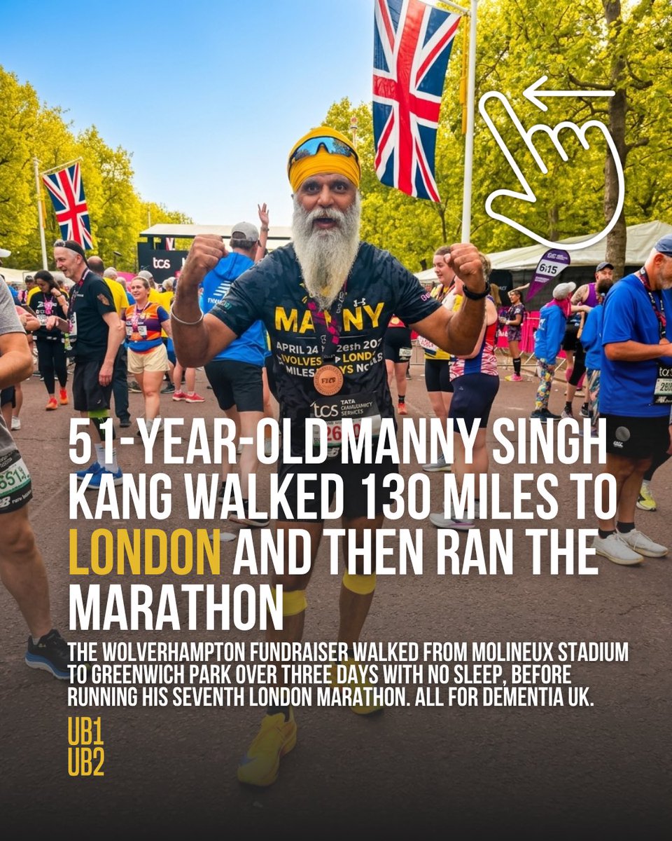 UB1UB2's tweet photo. Massive respect to a proper hero of British fundraising 🧡 Manny Singh Kang, 51, walked 130 miles from Wolverhampton to London over three days with no sleep - and then ran the London Marathon today. His seventh.

The whole challenge was for Dementia UK. Manny has been fundraising for the charity for seven years and has now raised over £345,000 - much of it through “Samosa Saturdays” outside Molineux Stadium, where he and his family cook and sell home-made samosas to Wolves fans on matchdays.

In 2024 he was awarded a Pride of Britain Award for walking from Wolverhampton to Newcastle with his son. Now he’s done it again - this time on the toughest physical challenge he’s ever set himself.

“Human capabilities are stronger than we sometimes let ourselves believe.”

Send @manny.s.kang all the love today. And if you want to support, his JustGiving page is in his bio.

📍 London Marathon, 27 April 2026