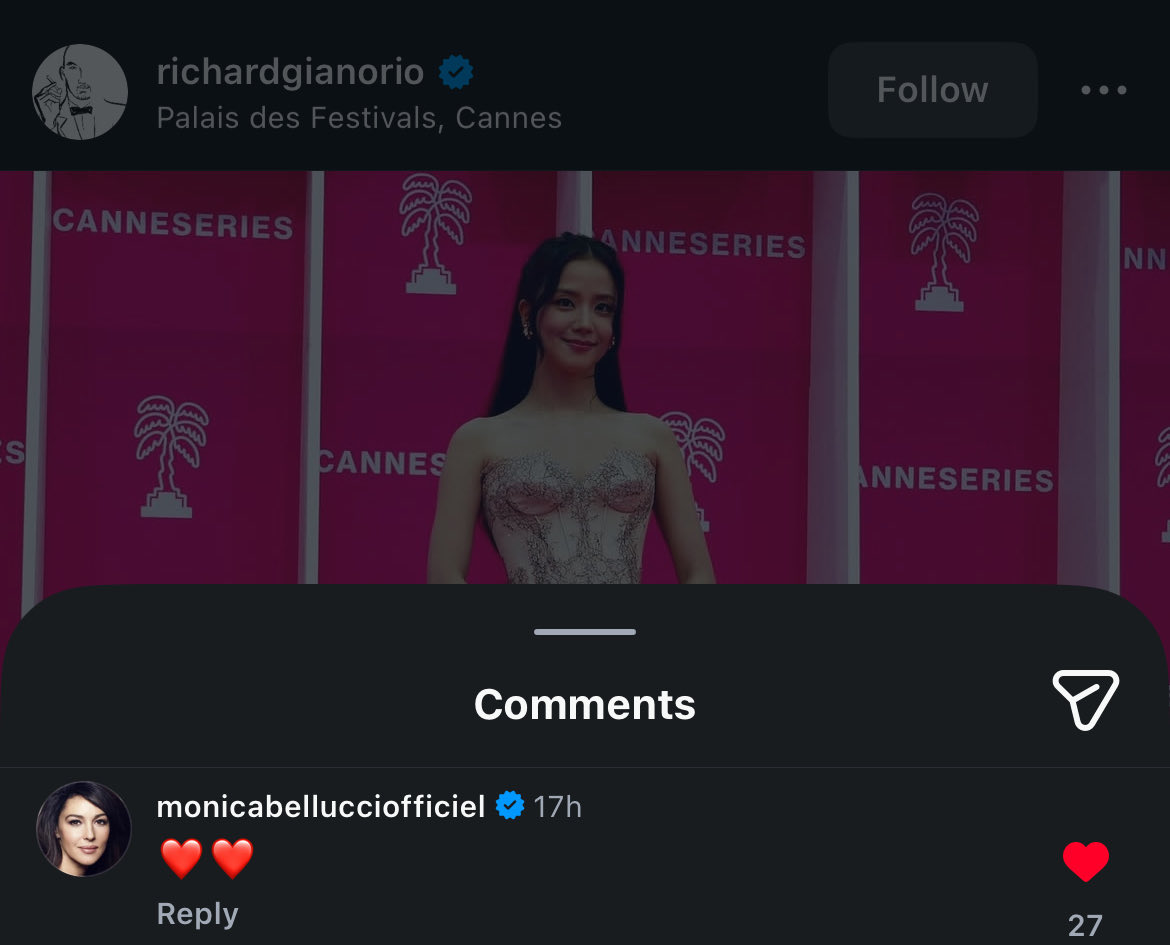 soowhat____'s tweet photo. Monica Bellucci the Italian actress commented on Richard Gianorio IG post of Jisoo “❤️❤️” https://t.co/Jru28Qw2rM