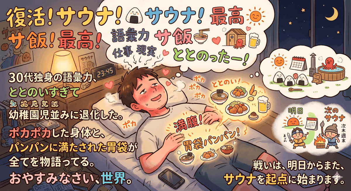 audrie_dee's tweet photo. 復活！サウナ！サ飯！最高！30代独身の語彙力が、整いすぎて幼稚園児並みに退化した。

でも、複雑な言葉なんていらない。このポカポカした身体と、パンパンに満たされた胃袋が全てを物語ってる。

おやすみなさい、世界。俺の戦いは、明日からまた、サウナを起点に始まります。 https://t.co/AZZEOgAngL