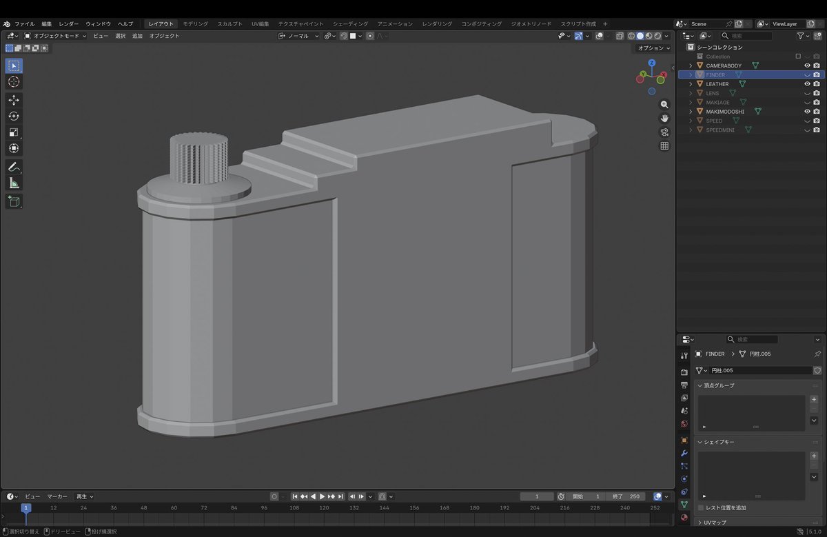 tatoml2012's tweet image. #MacBook #ZBrush #Blender #ZModeler超入門講座 #福井信明
blenderでカメラ挑戦
ベベルは問題なし　寧ろ楽
ナノメッシュは同じ様な仕様の面に沿って配置する動画を発見したが理解できないので　代替え
個々の面で押し出し法線に沿って移動、縮小などで対応
ここまでやれば　良いと判断　zbrushに戻る