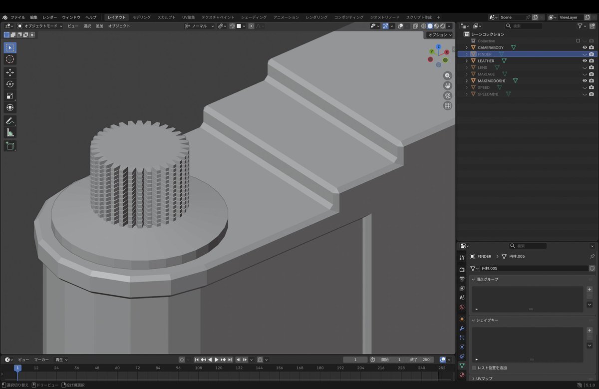 tatoml2012's tweet image. #MacBook #ZBrush #Blender #ZModeler超入門講座 #福井信明
blenderでカメラ挑戦
ベベルは問題なし　寧ろ楽
ナノメッシュは同じ様な仕様の面に沿って配置する動画を発見したが理解できないので　代替え
個々の面で押し出し法線に沿って移動、縮小などで対応
ここまでやれば　良いと判断　zbrushに戻る