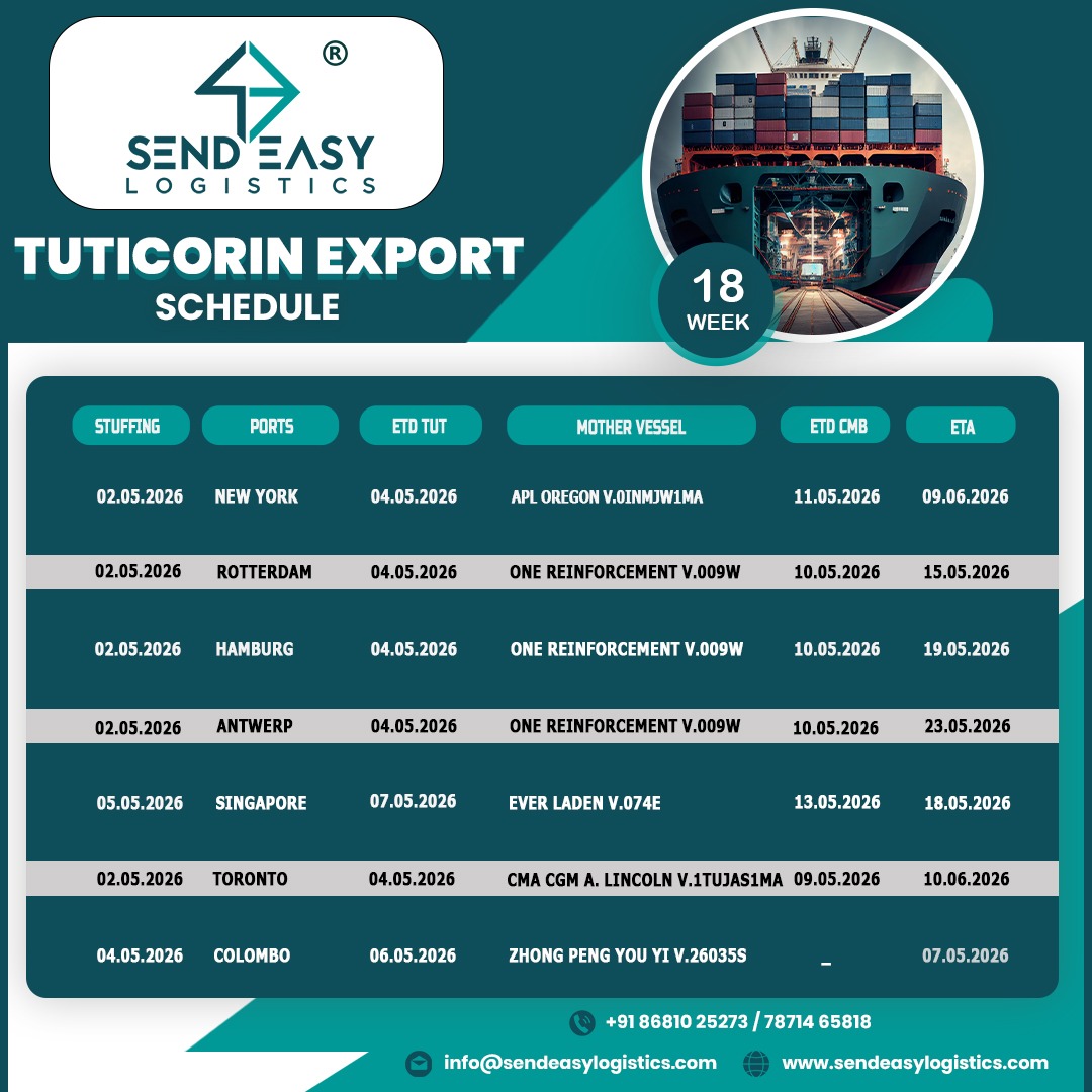 SENDEASYLO98588's tweet image. Tuticorin LCL Export Schedule (WEEK - 18) 2026
STUFFING @ ST. JOHN ICD 

BEST RATES FOR : LCL &amp;amp; FCL Ocean Freights | Air Freight | Coastal Shipping 
#freightforwarding #freightforwardingcompny #oceanfreight #logisticsservice #internationalcourierservice