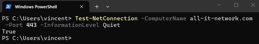 AllITNetwork's tweet photo. PowerShell - Tester si un port est ouvert en 1 ligne :
Test-NetConnection -ComputerName srv01 -Port 443 -InformationLevel Quiet

Retourne True/False. Simple, efficace. https://t.co/zsTjieTEJY