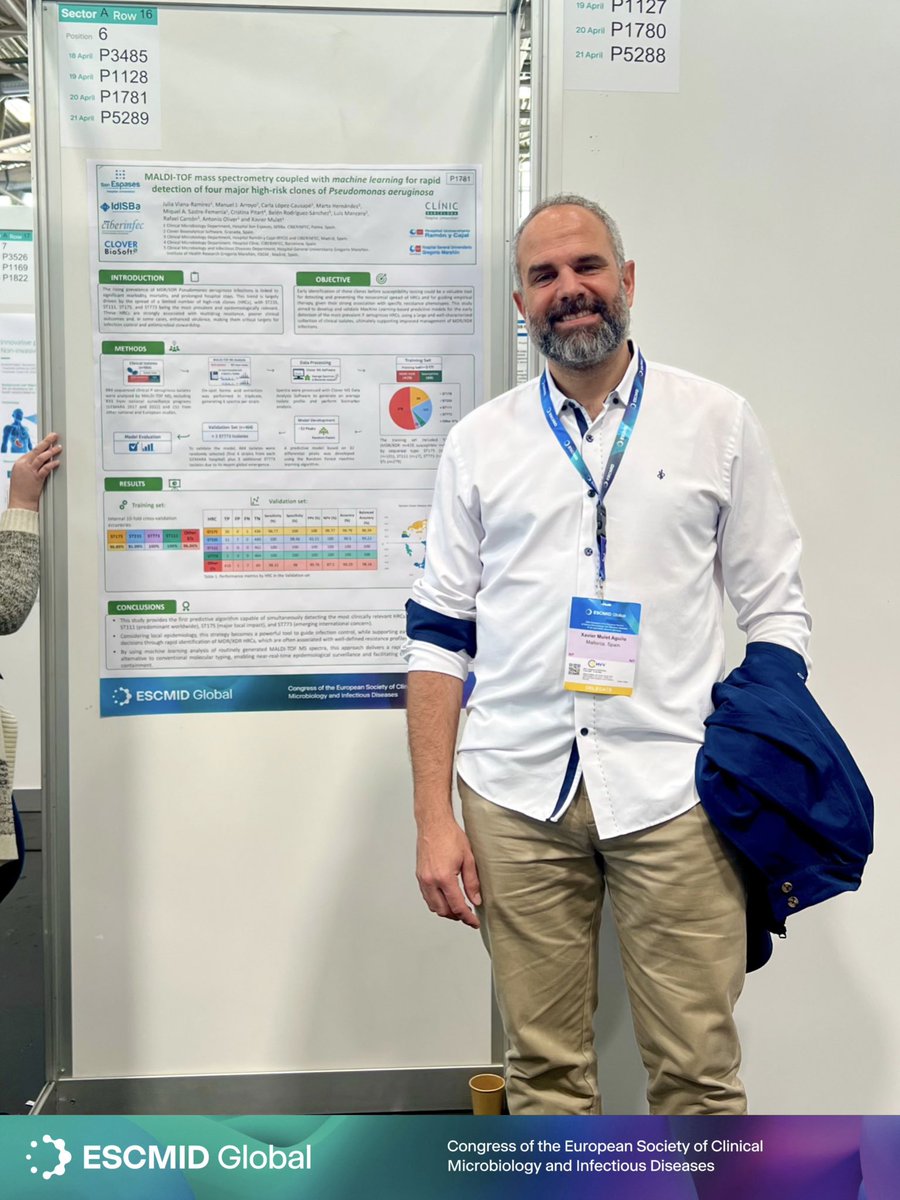 arpbigidisba's tweet photo. Our colleage Dr. Xavier Mulet presented his work at #ESCMIDGlobal on an innovative Al-based approach for the rapid detection of high-risk
Pseudomonas aeruginosa clones using MALDI-TOF spectra.
#AMR #ESCMID #PseudomonasAeruginosa https://t.co/KA3Spa1FuT