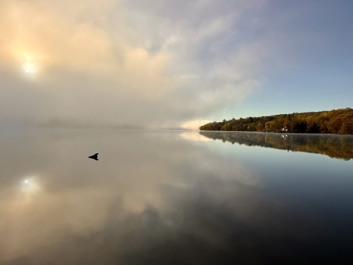 Eweather13's tweet photo. Fog shrouds the eastern bank of the #CTRiver while clearing pushes in from the west bank. Higganum, CT https://t.co/Y2Siw3HGAo