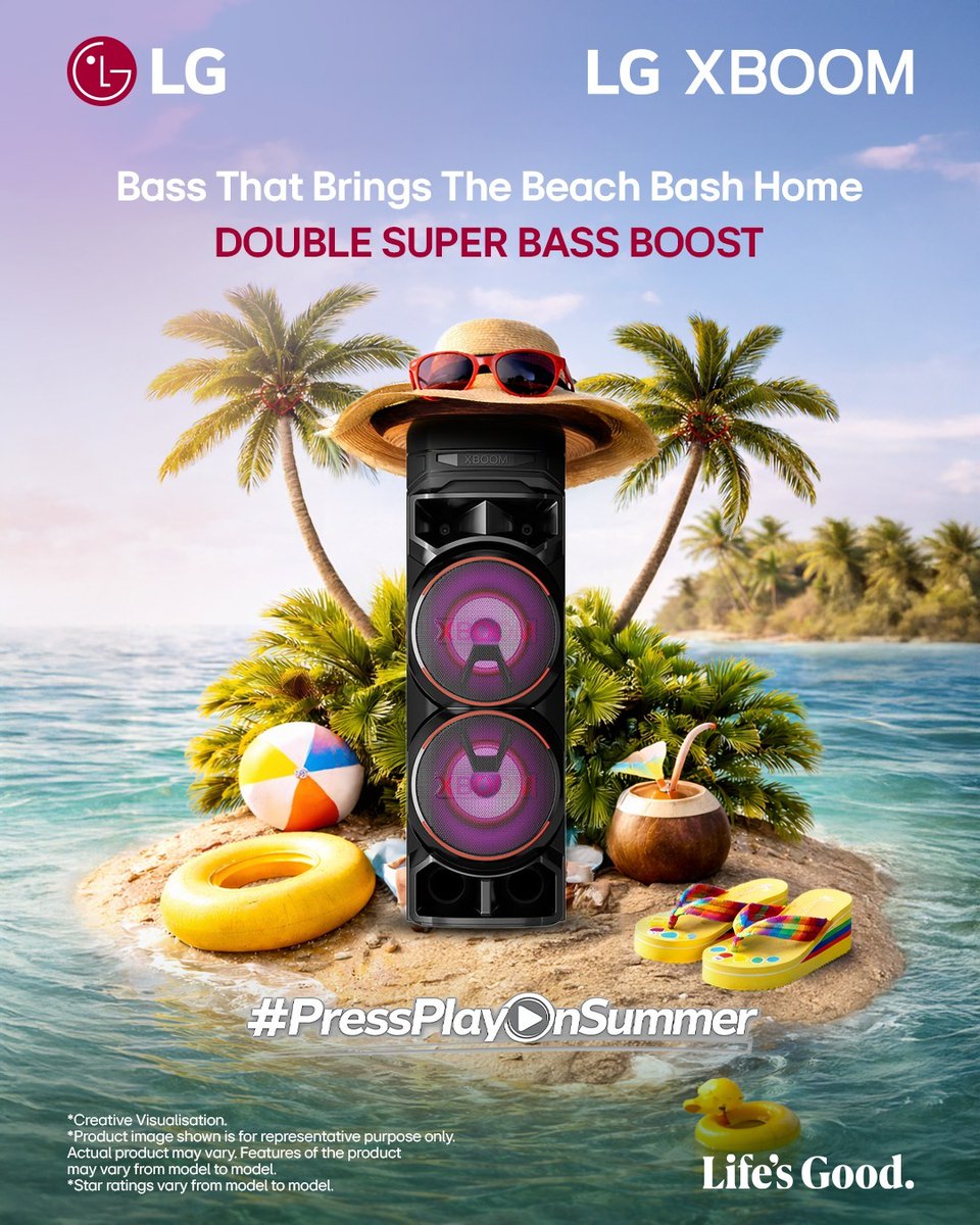 LGIndia's tweet image. With LG XBOOM, every beat hits deeper, every moment feels louder,
and suddenly your room feels a lot like a beach party.

Know more at: bit.ly/4f5wfJ6

#LG #LifesGood #LGXBOOM #DoubleSuperBassBoost #PartyVibes #PressPlayOnSummer