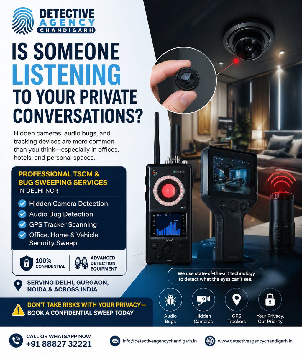 chandigarhdete5's tweet image. Is someone listening to you? 👀

Hidden cameras, audio bugs &amp;amp; GPS trackers are real risks.

🔍 Bug Sweeping (Delhi NCR)
✔ Cameras | ✔ Audio | ✔ GPS
🔒 100% Confidential
📞 +91 8882732221
🌐 detectiveagencychandigarh.in/bug-sweeping-s…

#PrivacyProtection #DelhiNCR #Security #TSCMServices