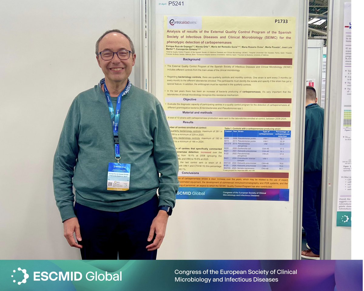 arpbigidisba's tweet photo. Dr. Enrique Ruiz de Gopegui presented
his work at #ESCMIDGlobal, evaluating the diagnostic capacity of clinical microbiology laboratories to detect carbapenemase-producing bacteria within the SEIMC Quality Control Program.
#AMR #ESCMID #Carbapenemases #SEIMC https://t.co/z3Xytb07K9