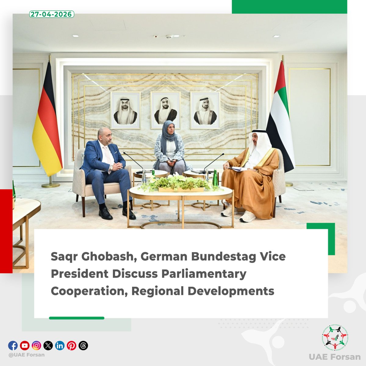 UAE_Forsan's tweet image. HE Saqr Ghobash, Speaker of the Federal National Council (FNC), and Omid Nouripour, Vice President of the German Bundestag, held a meeting at the Council’s headquarters in Abu Dhabi
#UAE #AbuDhabi #FNC #FederalNationalCouncil
@fnc_uae 
@nouripour