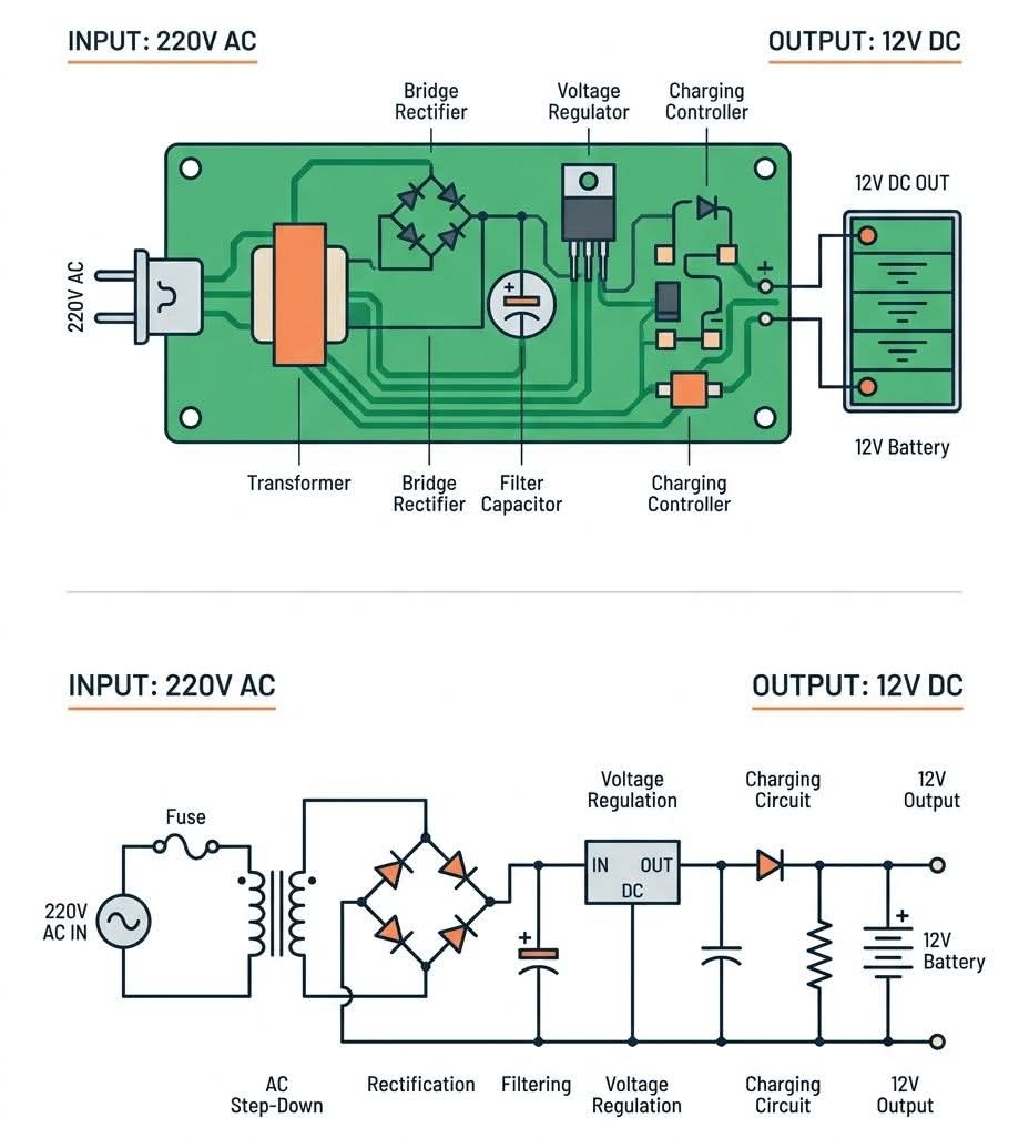 The conversion of 220V AC to 12V DC, featuring both a top-down PCB component layout and a functional block schematic.