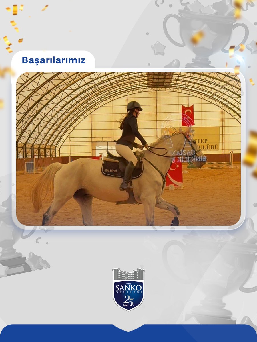 SankoOkul's tweet photo. Gaziantep Binicilik Kulübü’nde gerçekleştirilen Okul Sporları Binicilik Gençler İl Müsabakaları’nda öğrencilerimiz önemli başarılara imza attı.

Müsabakalar sonucunda öğrencimiz Mina Küpeli il birincisi, Elif Tümer ise il ikincisi oldu.

Elde ettiği başarıyla dikkat çeken öğrencimiz Mina Küpeli, Türkiye Şampiyonası’na katılmaya hak kazandı.

Öğrencilerimizi başarılarından dolayı kutluyor, bu süreçte emekleri ve destekleriyle yanlarında olan öğretmenimize teşekkür ediyoruz.

Mayıs ayında İstanbul’da düzenlenecek Türkiye Şampiyonası’nda öğrencimiz Mina Küpeli’ye başarılar diliyoruz.

#SankoOkulları #KöklüÇınarınGençDalıSankoOkulları25Yaşında