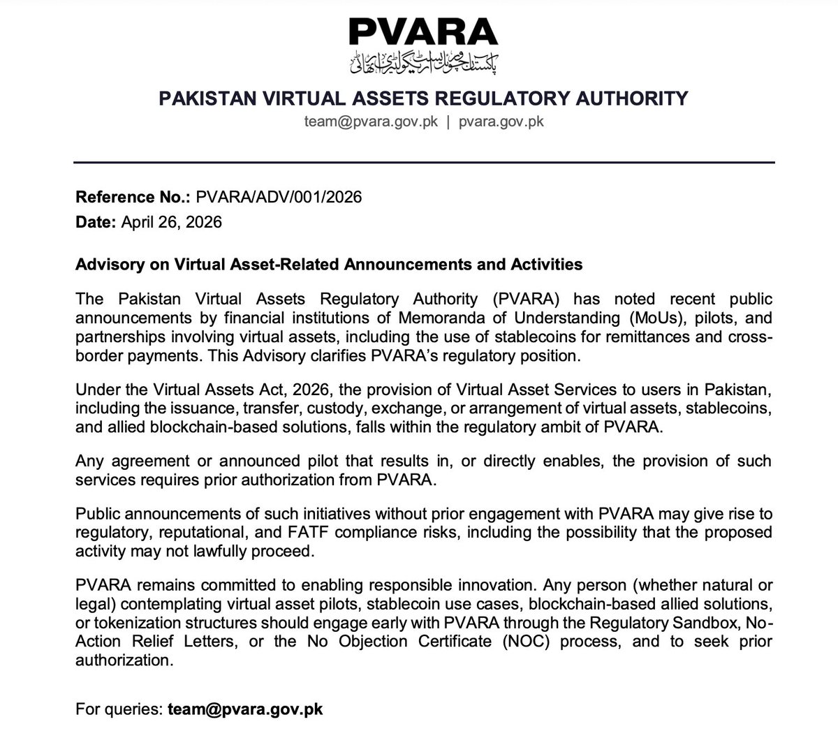 Pakistan Virtual Assets Regulatory Authority tweet media