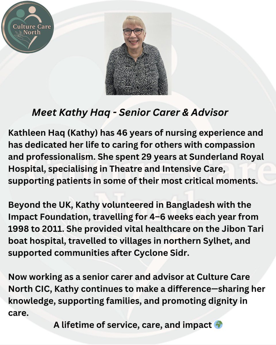 CulturCareNorth's tweet image. ✨ Meet the Team – Kathy Haq

46+ years in nursing, from ICU to international volunteering 🌍
Now supporting families and championing dignity in care at Culture Care North 💚

A lifetime of making a difference 🤍

#MeetTheTeam #CultureCareNorth #DignityInCare