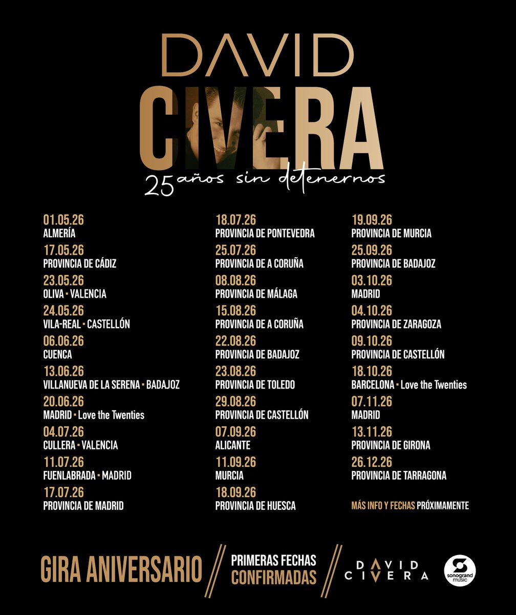 David_Civera's tweet photo. ¡𝗬𝗮 𝗲𝘀𝘁𝗮́𝗻 𝗮𝗾𝘂𝗶́ 𝗹𝗮𝘀 𝗽𝗿𝗶𝗺𝗲𝗿𝗮𝘀 𝗳𝗲𝗰𝗵𝗮𝘀 𝗰𝗼𝗻𝗳𝗶𝗿𝗺𝗮𝗱𝗮𝘀! 

Después de tanto tiempo esperando… por fin podemos compartirlo con vosotros.

👉🏽 𝗠𝗮́𝘀 𝗶𝗻𝗳𝗼 𝘆 𝗳𝗲𝗰𝗵𝗮𝘀 𝗽𝗿𝗼́𝘅𝗶𝗺𝗮𝗺𝗲𝗻𝘁𝗲…

 #Gira25Aniversario #Gira2026 https://t.co/xTWf7KgAtN