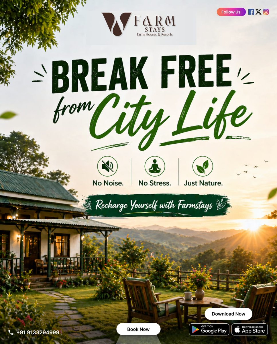 vfarmstays's tweet image. Break free from city life 🌿✨
No noise. No stress. Just nature 🏡💚
Recharge yourself with peaceful farm stays📞 +91 9133294999 | Book now!
#Farmstays #WeekendGetaway #NatureRetreat #Staycation #TravelIndia #EscapeTheCity #PeacefulLiving #WeekendVibes #TravelGram #HiddenGems