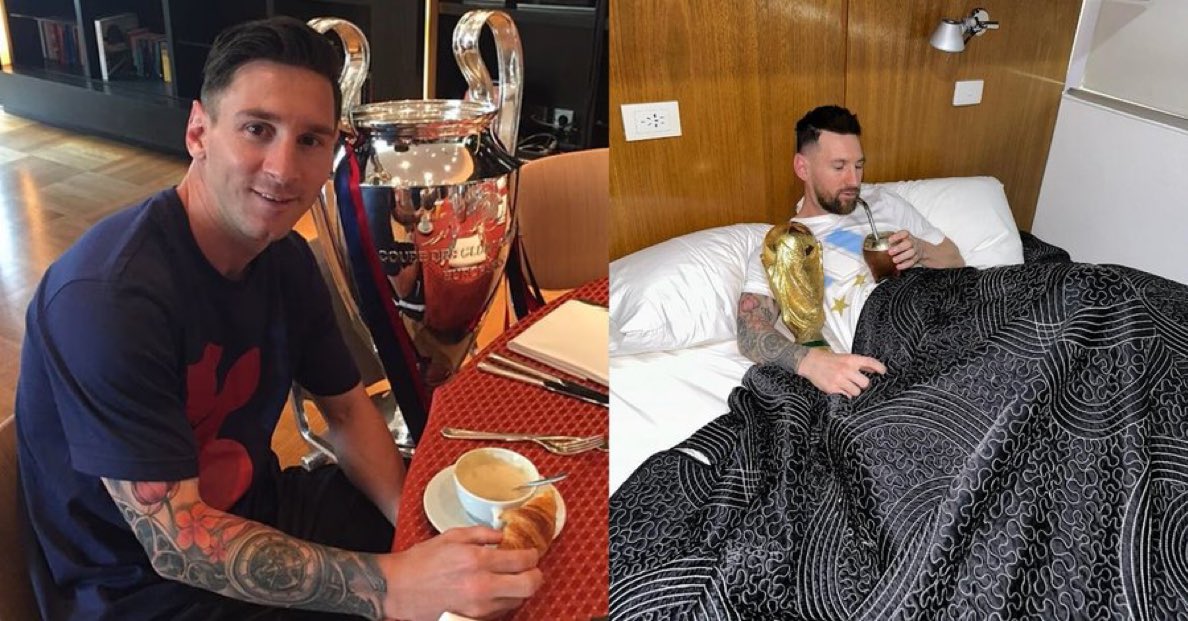 🇦🇷😮‍💨 Messi drinking coffee with the Champions League trophy next to him and Messi drinking Maté tea with the World Cup trophy next to him.