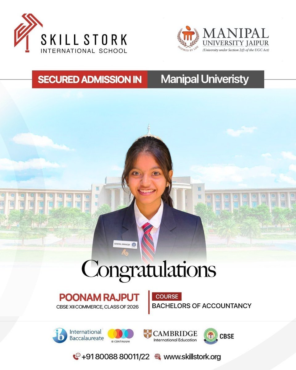 SkillStork's tweet image. 🌟 Congrats Poonam Rajput (@SkillStork  Class of 2026, CBSE XII #Commerce) on Manipal University admission!
📘 B.A. #Accountancy
Ambition + our mentorship = global success!  

#SkillStork #SuccessStory #ManipalUniversity