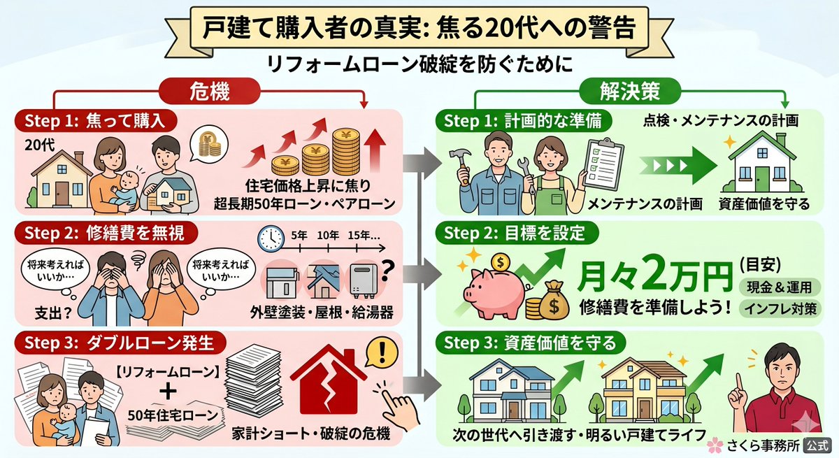住宅価格の高騰が続く中、20代の持ち家率が過去最高を記録しているそうです。
「これ以上高くなる前に」「50年ローンやペアローンを使えば買える」と購入を決断する方が増えていますが、戸建てを選ぶなら「購入後の修繕費」について絶対に知っておくべき事実があります。
↓