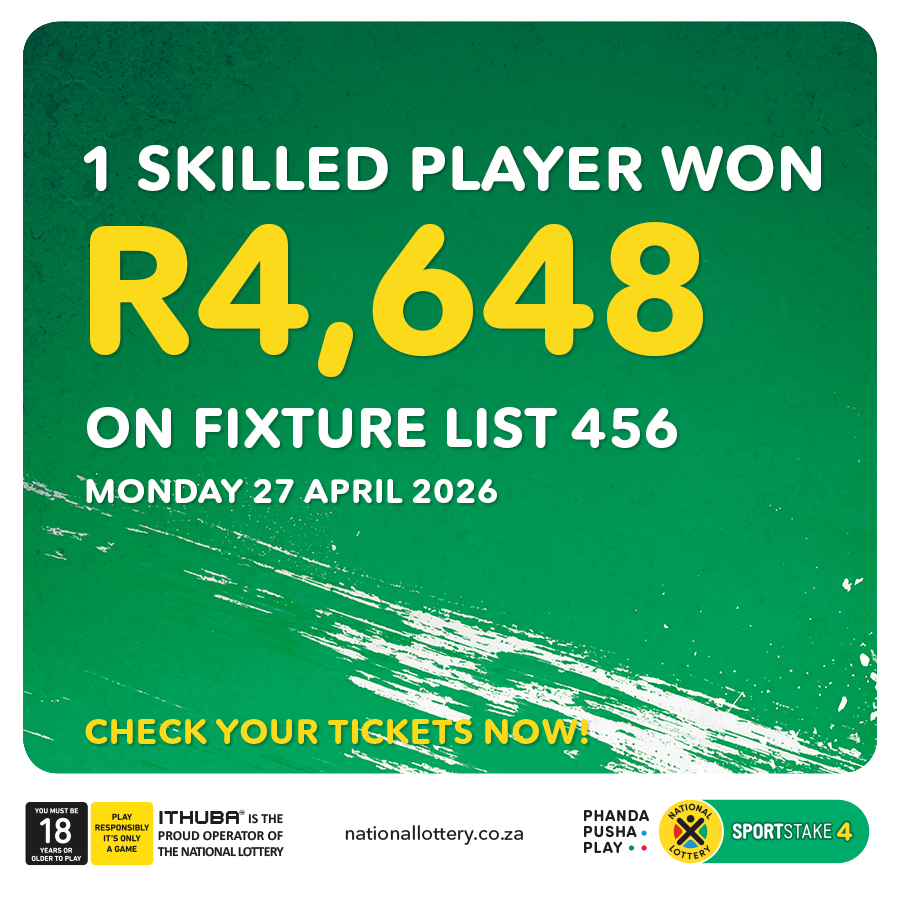 sa_lottery26's tweet photo. Here are the #SPORTSTAKE4 #FixtureResults, #Dividends for list 456 & #Fixturelist 457 with an estimated Jackpot of R6,000.
Congratulations to the winner of R4,648. You are #InjaYeGame.
Players must be 18 years or older, play responsibly. https://t.co/hFbCAwDvyr