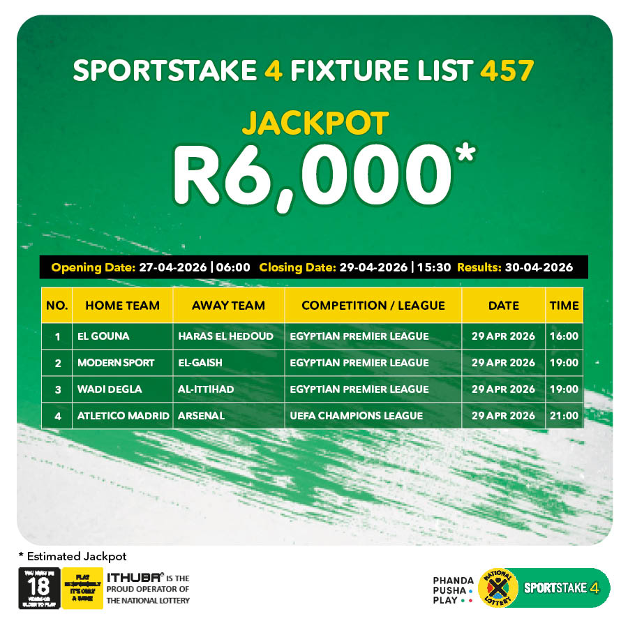 sa_lottery26's tweet photo. Here are the #SPORTSTAKE4 #FixtureResults, #Dividends for list 456 & #Fixturelist 457 with an estimated Jackpot of R6,000.
Congratulations to the winner of R4,648. You are #InjaYeGame.
Players must be 18 years or older, play responsibly. https://t.co/hFbCAwDvyr