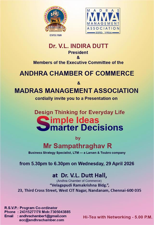 AndhraChamber's tweet photo. Join the 141st ACC Joint Lecture Series with MMA!

“Design Thinking for Everyday Life”
Apr 29 | 5:30 PM (Hi-Tea 5 PM)
Dr V L Dutt Hall, Chennai

Mr Sampathraghav R (L&amp;T)
✅ Free Entry | 📩 Register: andhrachamber1@gmail.com

#DesignThinking #ChennaiEvents #Leadership #ACC https://t.co/iM1rXX4fM9