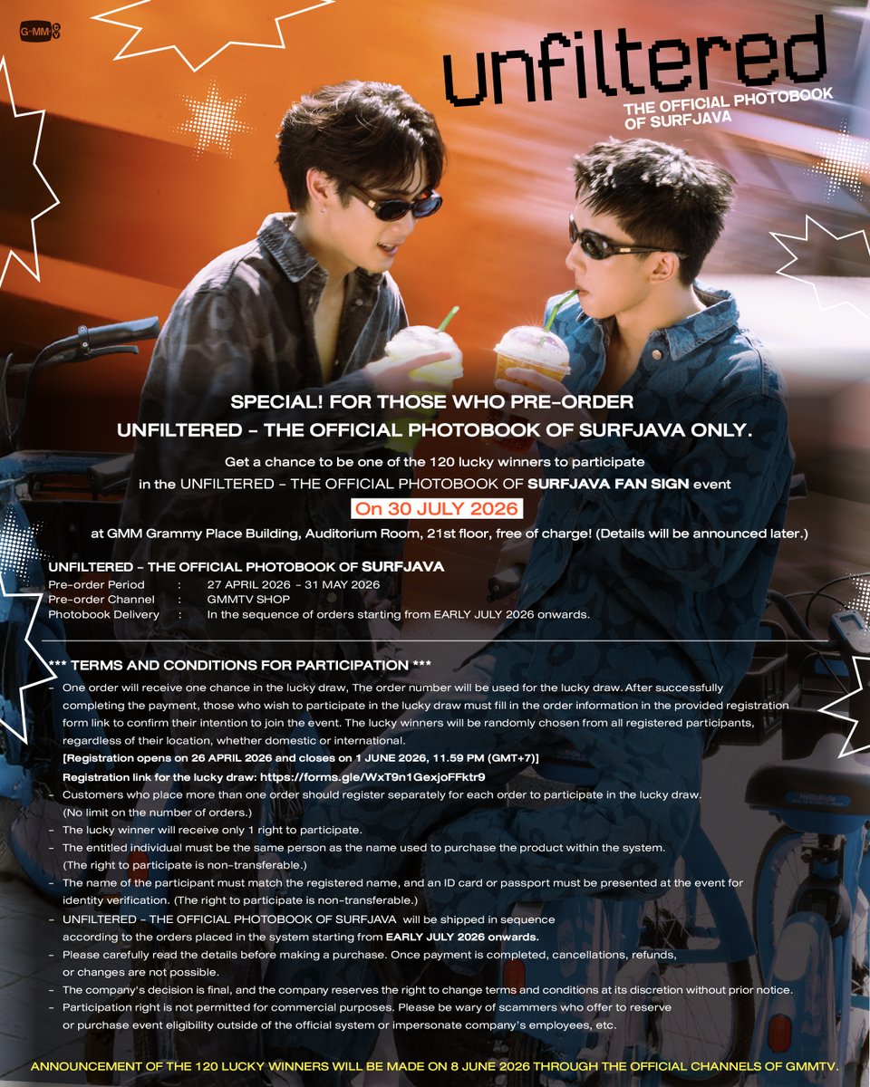 SurfJavaItaly's tweet image. 📆: 27.04.26

IG/X — gmmtv

🇮🇹:  "PRE-ORDINA ORA! Photobook ufficiale UNFILTERED THE OFFICIAL PHOTOBOOK OF SURFJAVA su GMMTV Shop

Il pre-order è aperto da ora fino al 31 maggio 2026.
Tutti gli ordini saranno spediti a partire da inizio luglio 2026"
 
 #surfjava #swensurf #javabh