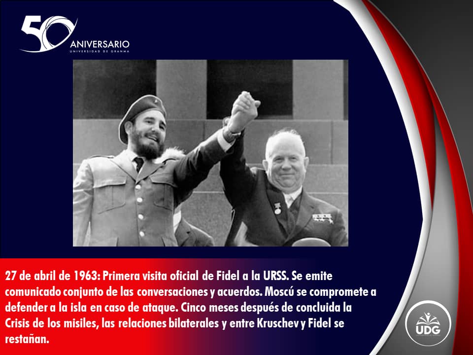 27 de abril 🤝🇨🇺
Primera visita oficial de Fidel a la URSS (1963). Moscú se compromete a defender la Isla en caso de ataque. Un paso decisivo en las relaciones de amistad y cooperación.
#50AñosFormandoFuturo #100AñosConFidel ✈️🔴