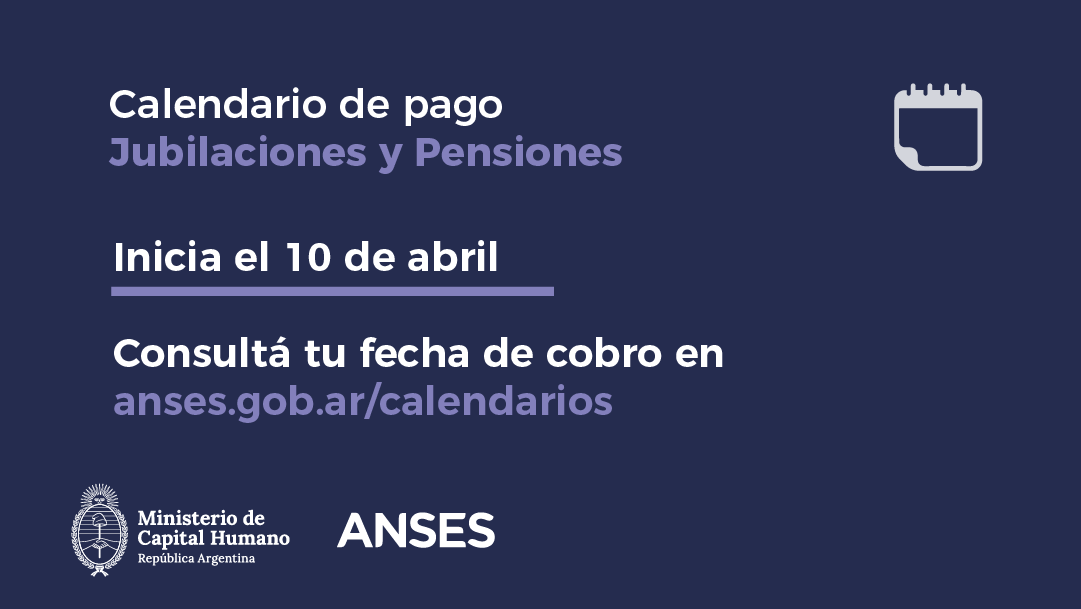 ansesgob's tweet photo. #Calendariodepago Jubilaciones y Pensiones.
Consultá tu fecha de cobro ingresando en https://t.co/DjtvJvGu7q
#ANSES https://t.co/NAZDrDgnmt