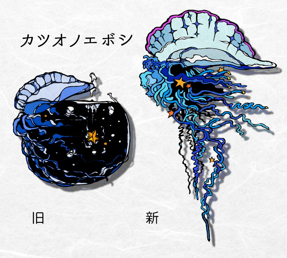 切り絵
ミズクラゲとカツオノエボシのリメイク前とリメイク後
10年ぶりくらいにリメイクです。結構変わりましたｗ