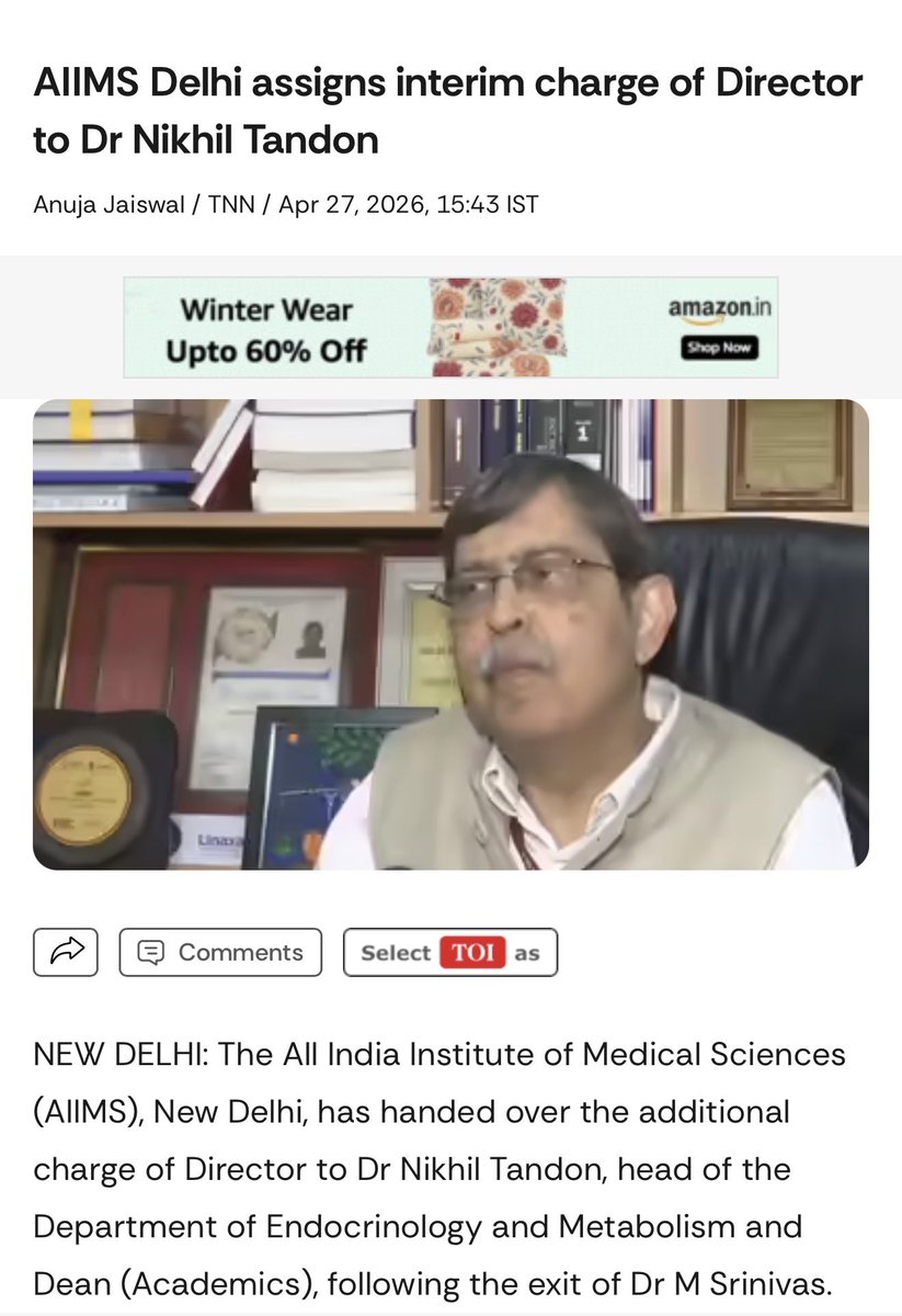 AnujaJaiswalTOI's tweet image. The All India Institute of Medical Sciences (#AIIMS), New Delhi has handed over the additional charge of #Director to Dr #NikhilTandon, head of the Department of Endocrinology and Metabolism and Dean (Academics), following the exit of Dr M Srinivas. @timesofindia