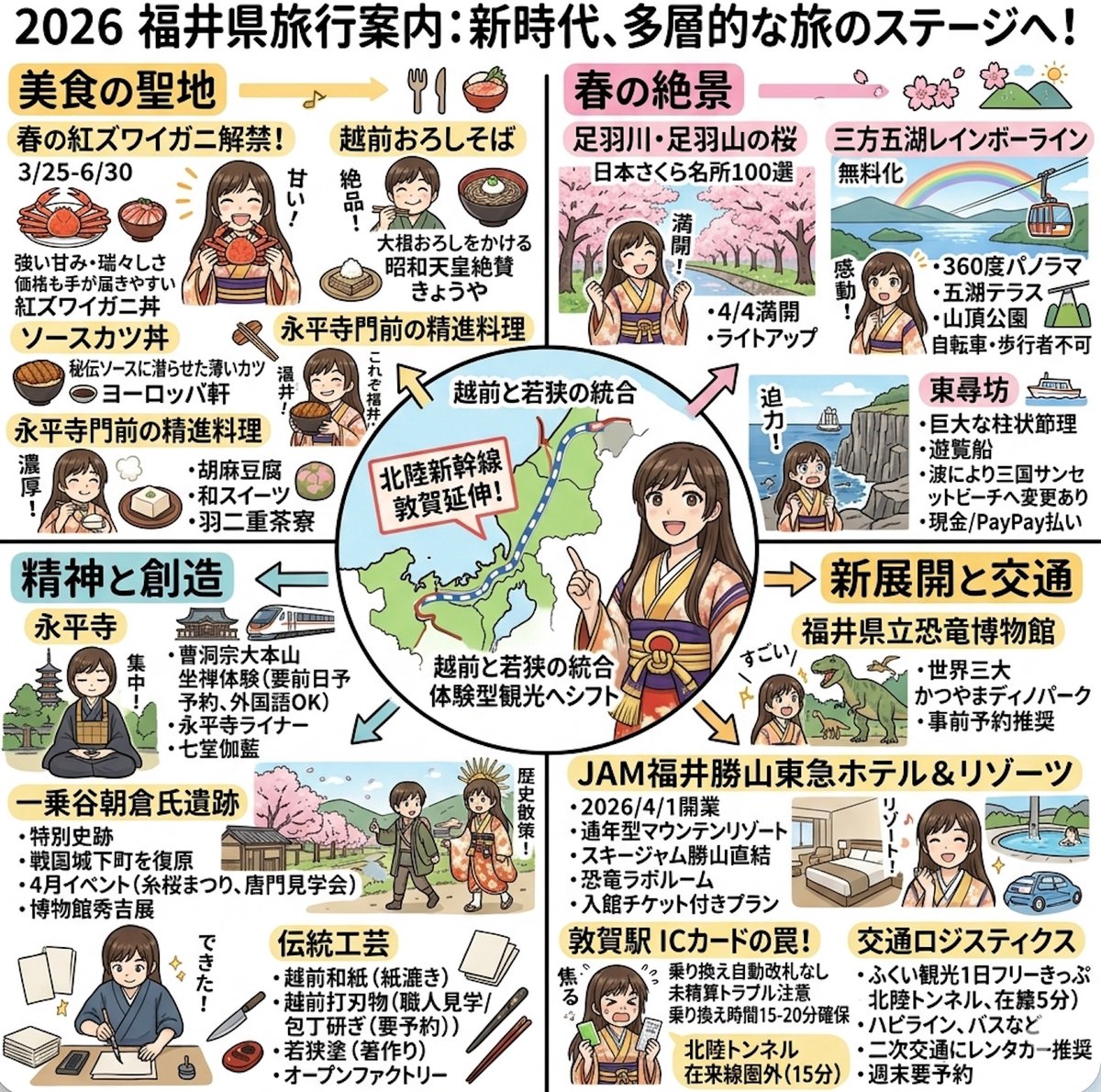Godish_1520035's tweet photo. No.25 #福井県 :100年に一度の変革期！新幹線で近くなった福井へ🦖今は冬の蟹に負けない「紅ズワイガニ」が絶品。足羽川の桜も今が盛りです🌸#恐竜、#永平寺、三方五湖…魅力満載だけど、敦賀駅の「ICカードの罠」は要注意！便利さと深みが交差する越前・若狭を体感! https://t.co/GhMlYRSzQy