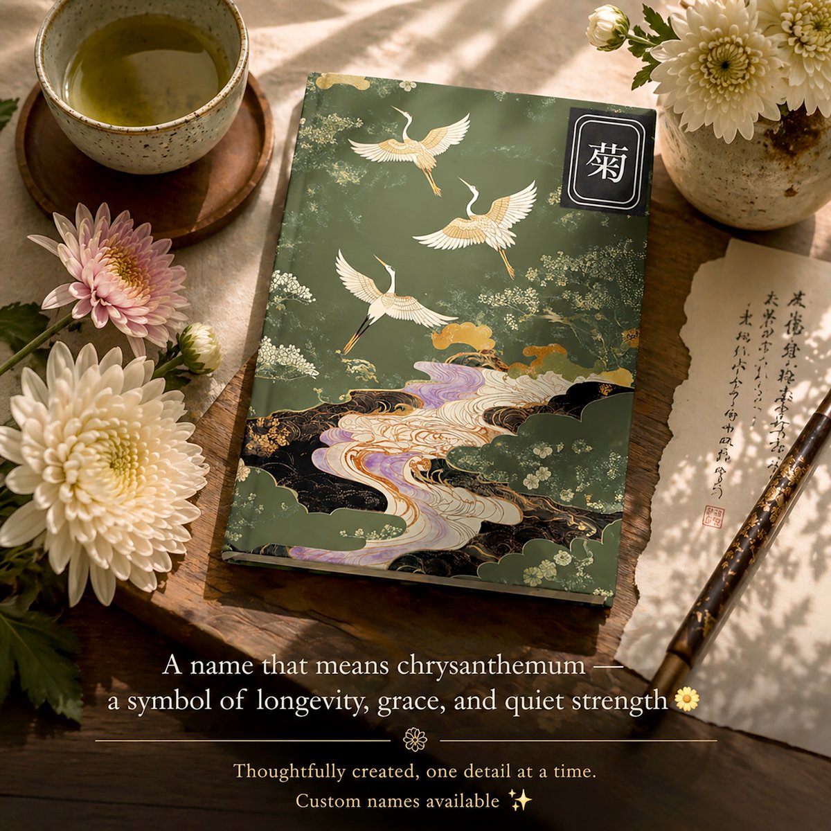 _ThistleMouse's tweet image. In Japan, the chrysanthemum (菊) speaks of longevity and quiet beauty, it's also a beautiful name 🌼 

A small, meaningful gift — made to be kept.  

Custom names available ✨

 #JapaneseAesthetic #SlowLiving #MeaningfulGifts #StationeryLove