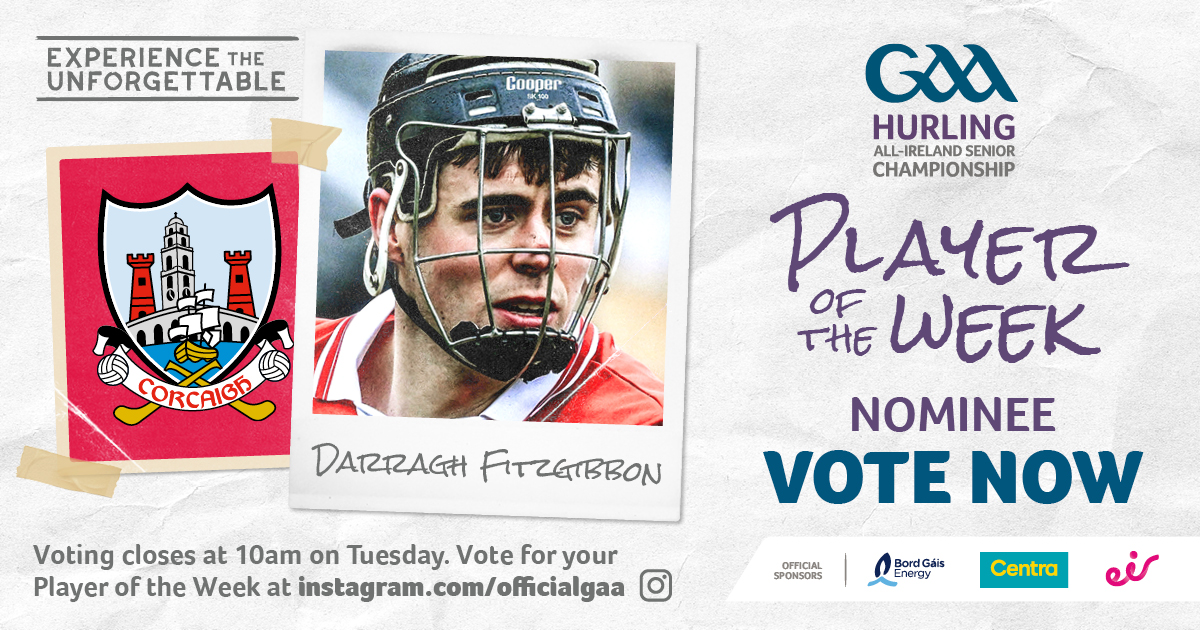 officialgaa's tweet photo. Darragh Fitzgibbon led by example throughout for @OfficialCorkGAA in their Munster SHC victory. He scored 3 points from play, won loads of possession, and came out on top in what was always going to be a key battle with Kyle Hayes. Is he your https://t.co/gvXdqgOuf0 POTW?🤔 https://t.co/prwwrec4UP