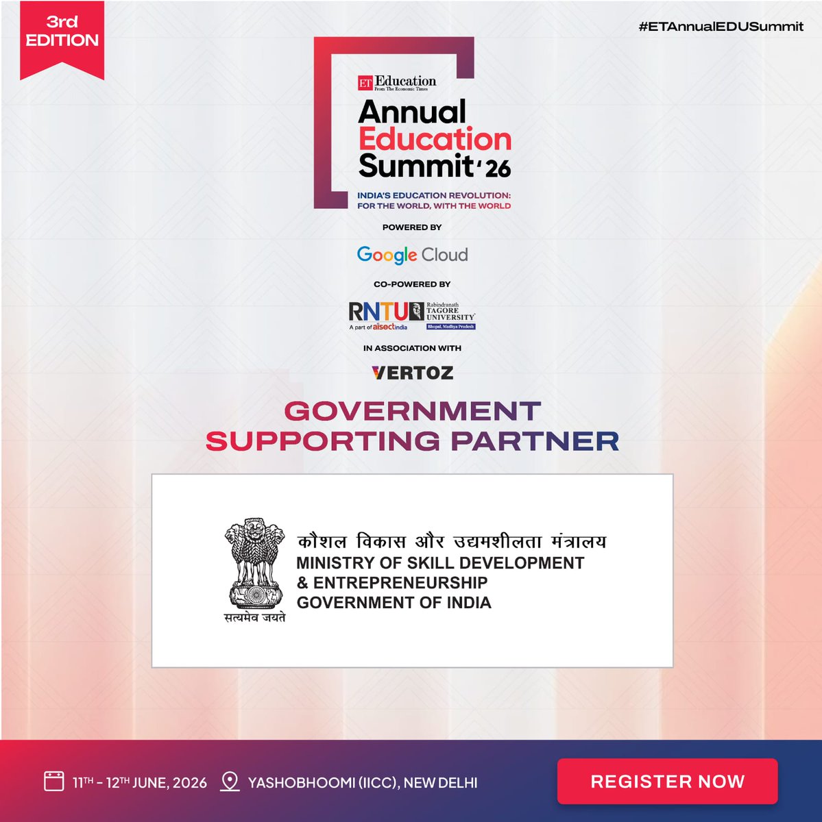 _ETEducation's tweet image. Proud to have the Ministry of Skill Development &amp;amp; Entrepreneurship, Govt. of India as Government Supporting Partner at #ETAnnualEDUSummit 2026.

📅 11–12 June 2026 | 📍 Yashobhoomi, New Delhi
Register: education.economictimes.indiatimes.com/annual-educati…
#SkillDevelopment #FutureOfWork #IndiaEducation
