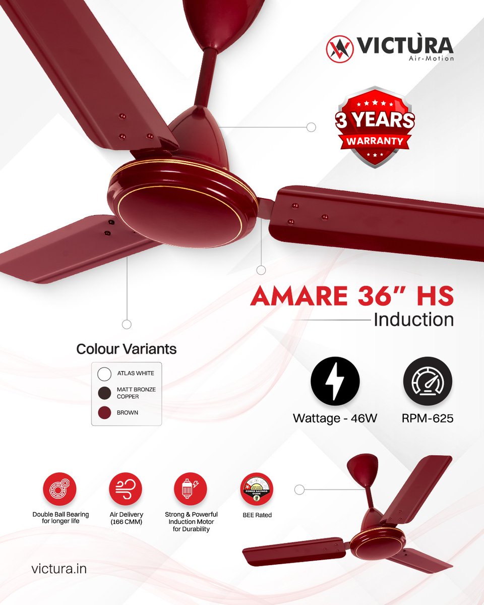 victurairmotion's tweet image. High speed, low wattage, and a 3-year warranty to top it off.  The Amare 36” HS is built for durability and serious cooling. Which color are you picking: Atlas White, Matt Bronze Copper, or Brown?

Check it out: victura.in
#SmartHome #InteriorDesign #VicturaAirMotion