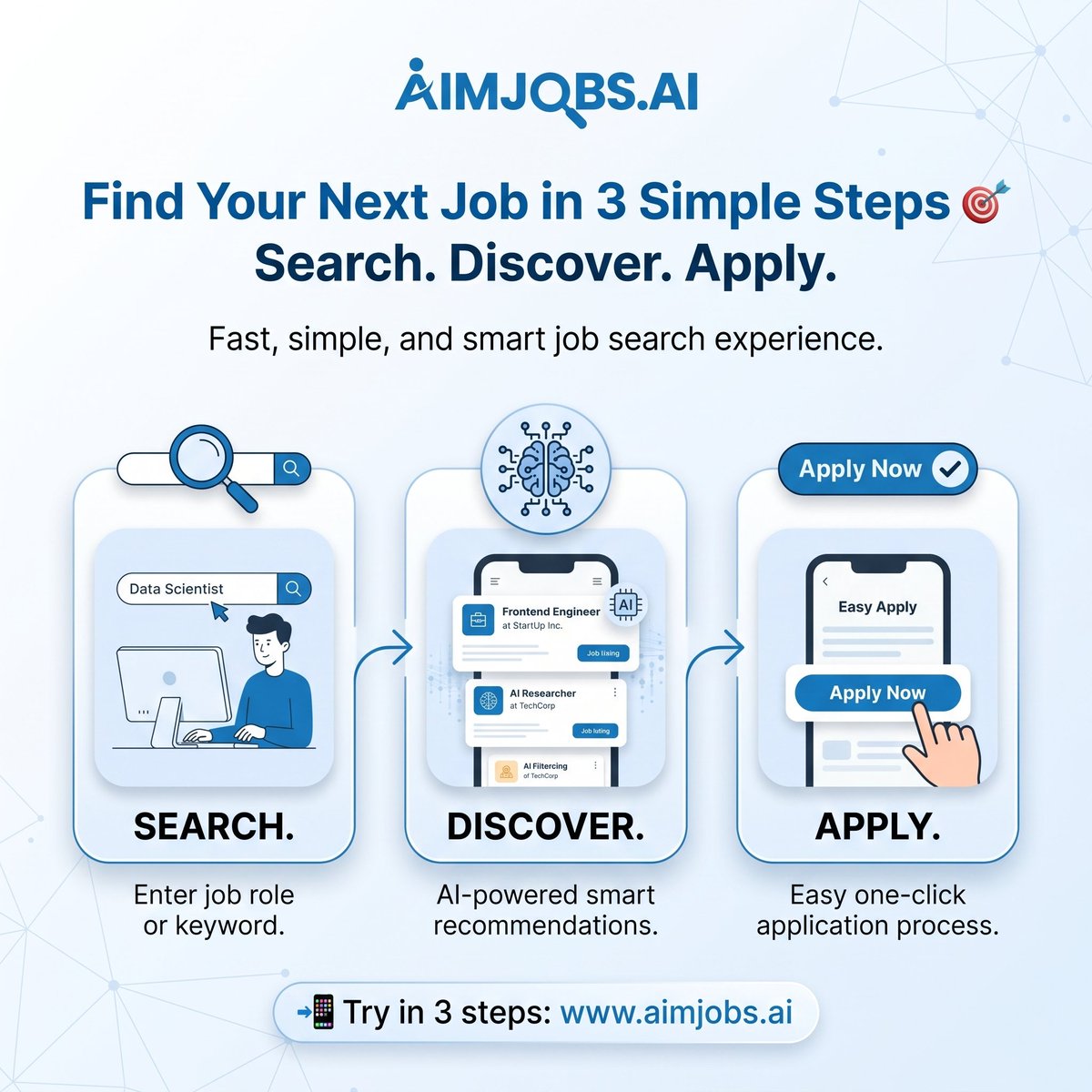 aimjobsai's tweet photo. 𝐅𝐢𝐧𝐝 𝐲𝐨𝐮𝐫 𝐧𝐞𝐱𝐭 𝐣𝐨𝐛 𝐢𝐧 𝐣𝐮𝐬𝐭 𝟑 𝐬𝐢𝐦𝐩𝐥𝐞 𝐬𝐭𝐞𝐩𝐬 🎯 
👉 Search. Discover. Apply. 
📲 𝐓𝐫𝐲 𝐢𝐧 𝟑 𝐬𝐭𝐞𝐩𝐬: 🌐 𝐰𝐰𝐰.𝐚𝐢𝐦𝐣𝐨𝐛𝐬.𝐚𝐢
#howitworks #simpleprocess #jobsearchmadeeasy #careerguide #jobssimplified #aijobs https://t.co/DdAfPb7qLo
