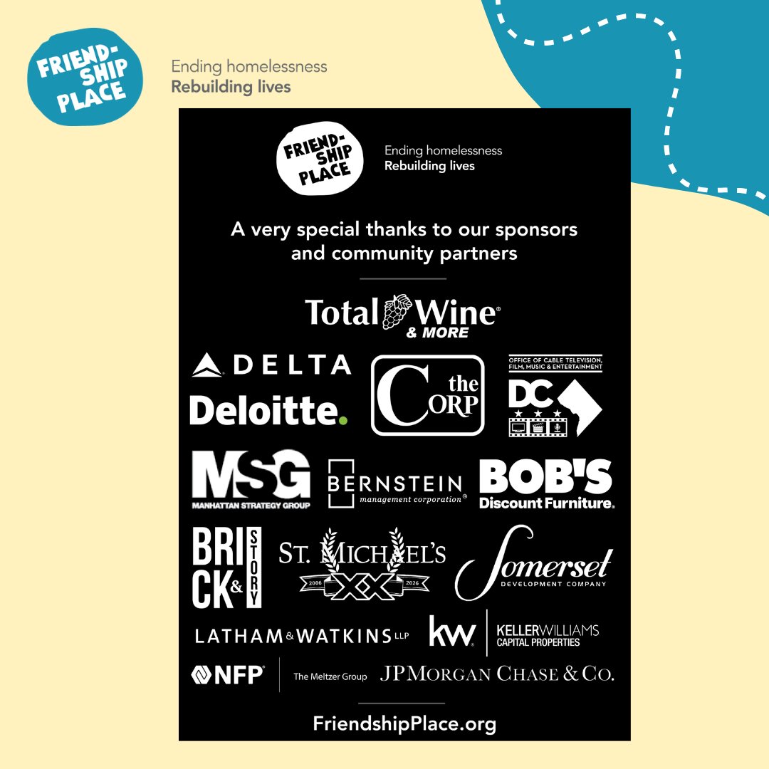 FriendshipPlace's tweet photo. A very special thank you to all of our wonderful sponsors and community partners this year! 

We are proud to have you as a part of the Friendship Place family and deeply grateful for your commitment to our mission.

#FriendshipPlaceWalk #WalkToEndHomelessness https://t.co/EghEpkSEKF