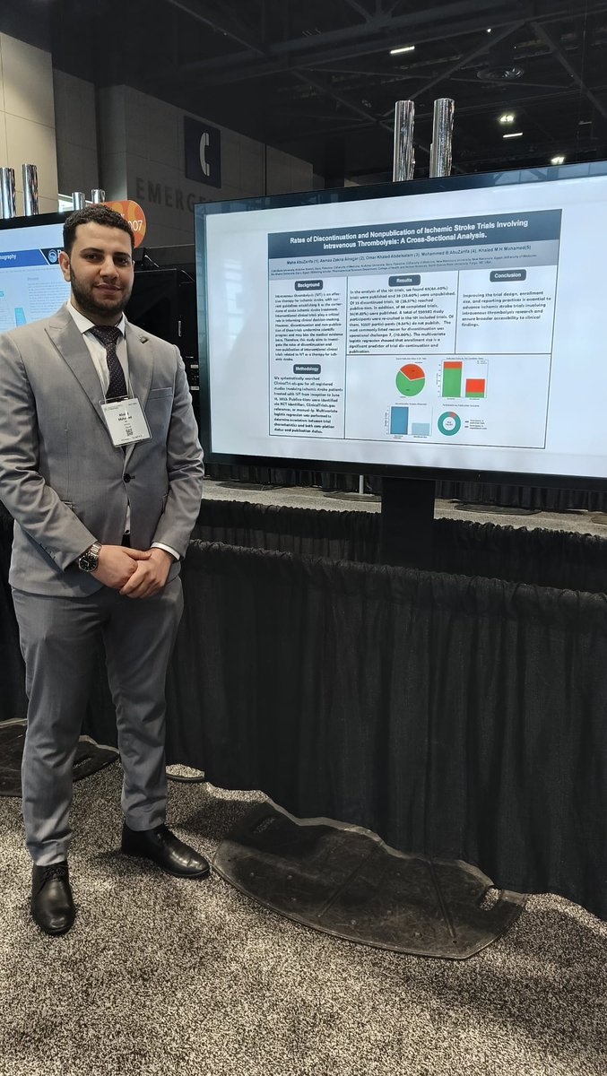 KhaledMohamamm's tweet image. I presented posters on stroke publication statistics,  Alzheimer's diagnostic tool, high-grade glioma management, and the efficacy of Transcranial Direct Current Stimulation for Chronic Lower Back Pain, in the @AANmember 
#AANAM #Neurology #Stroke #Glioma #BackPain #Alzheimer's