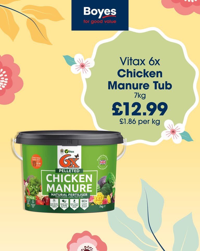 BoyesStores's tweet photo. Spring growing starts here 🌼

Give your plants a nutrient boost with Vitax 6x Chicken Manure - great value and in store now 🙌 https://t.co/RXeB2B7asf