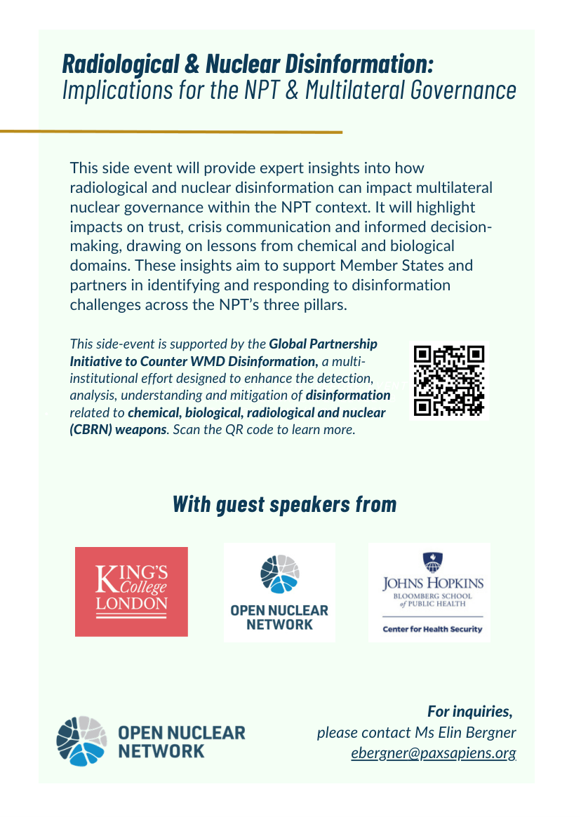 OpenNuclear's tweet photo. 2⃣Radiological &amp; Nuclear Disinformation: Implications for the NPT &amp; Multilateral Nuclear Governance
📍UN, CR A
🗓 7 May | 15:00–16:15 EDT

Feat. ONN’s @Elinxmb &amp; @sjladerman, the event examines how disinfo affects trust, crisis comms &amp; decision-making across NPT’s 3 pillars. https://t.co/his4DXeNwI