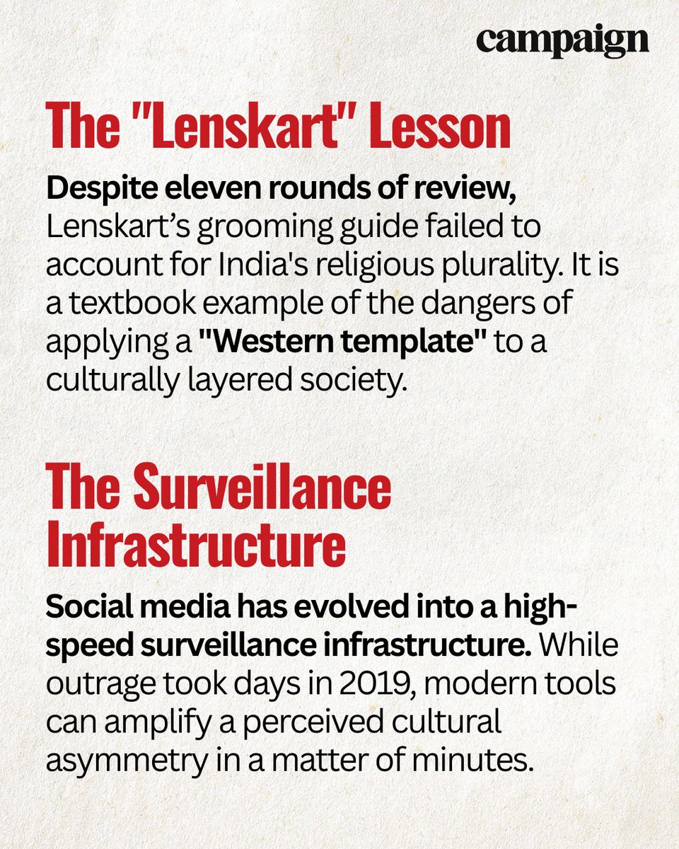 Campaign_India's tweet image. Same cultural test. Same failure. Six years apart.

From #SurfExcel to #TCS &amp;amp; @Lenskart_com  - Western HR frameworks keep misfiring in India's plural marketplace.

Cultural intelligence can't be built in a crisis.

Read more: tinyurl.com/yc26naze

#Brands #India #Marketing