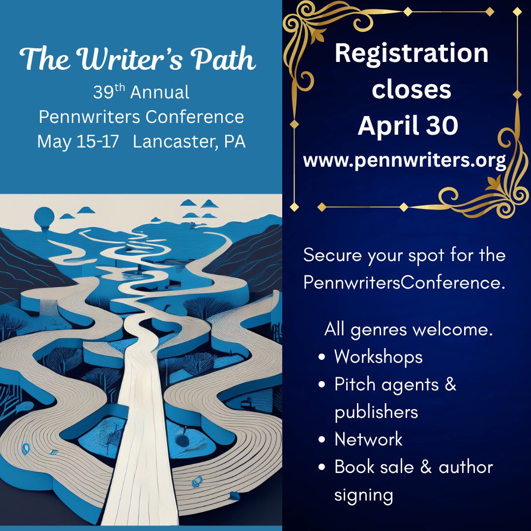 Pennwriters's tweet image. REGISTRATION CLOSES APRIL 30! There's no time to waste! Secure your spot for the 39th Annual Pennwriters Conference. 50+ workshops, agents &amp;amp; editors, keynote speakers, networking, &amp;amp; more! pennwriters.org
#writingworkshop #writingconference #writingclass #writingcommunity