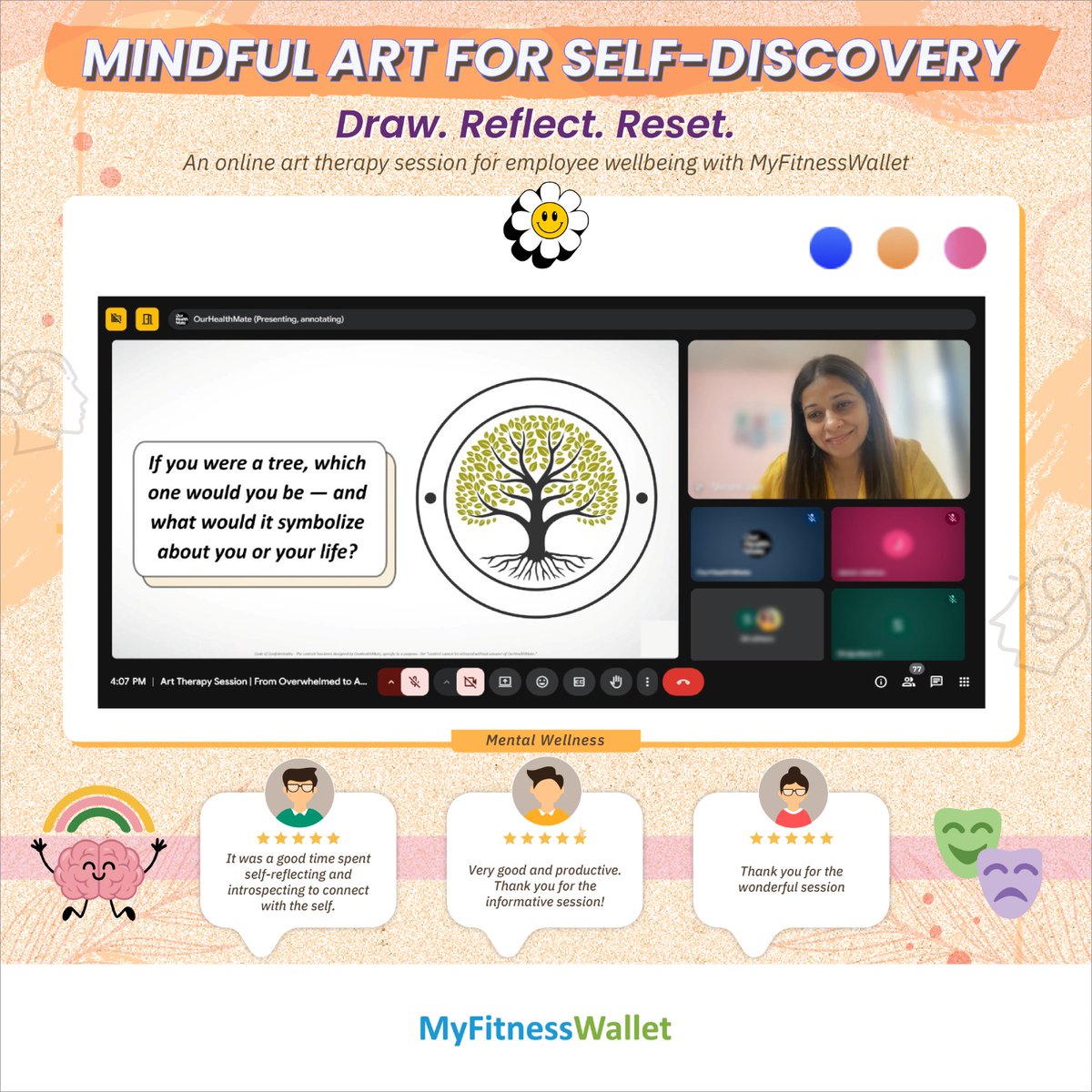 MFW_Wellness's tweet image. Last week, #MFW hosted an online Mindful Art for Self-Discovery session.  A simple virtual pause for #employees to reflect, express, and reset — proving #wellness can be meaningful even through a screen.  #EmployeeWellness #ArtTherapy #MyFitnessWallet #MentalWellness #Corporates